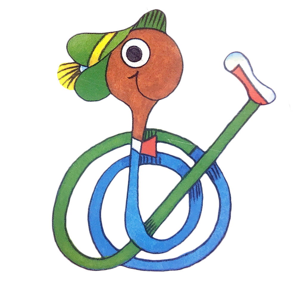 Richard Scarry's worm character with a hat tied up in a knot.
